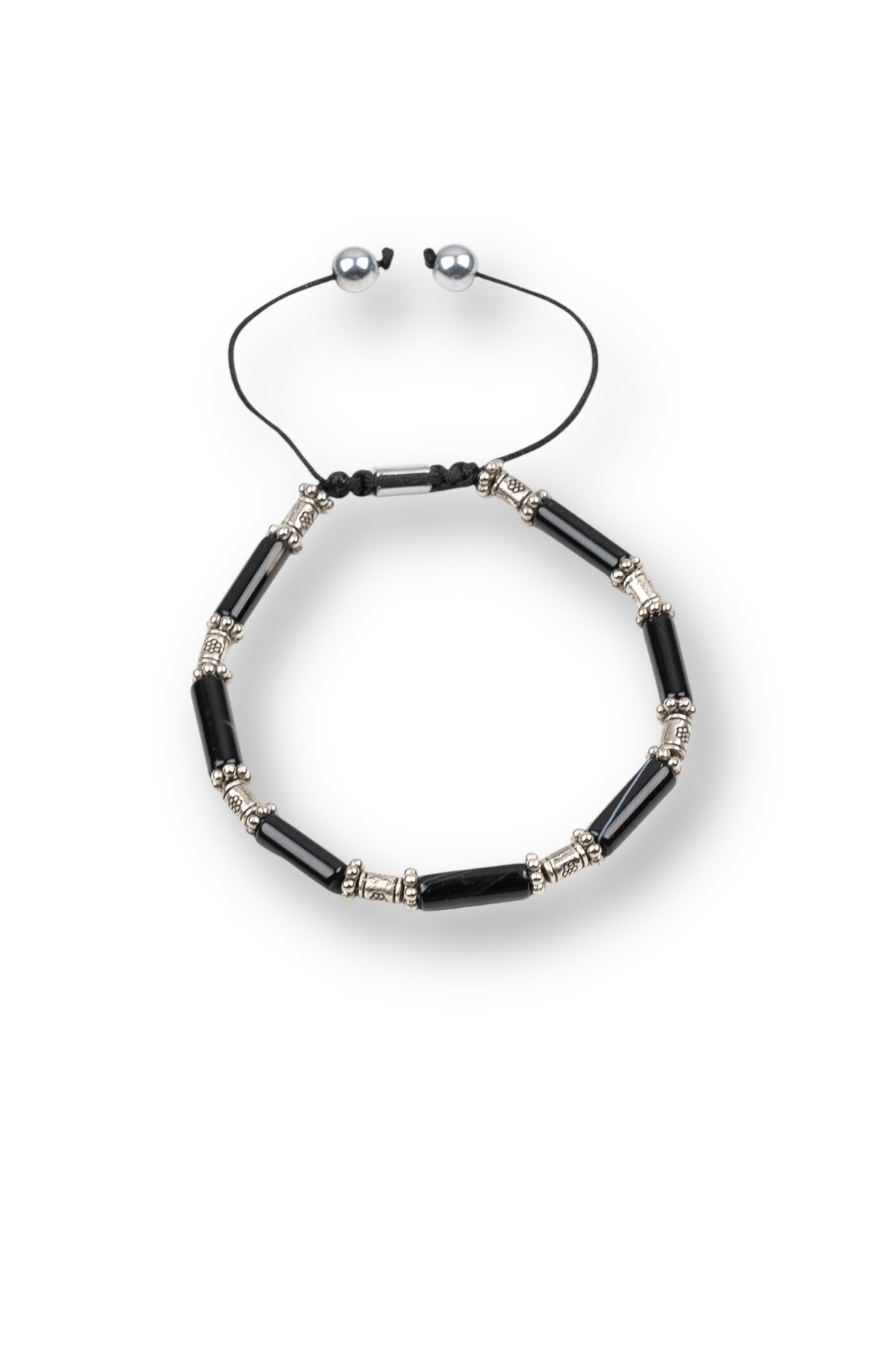 Julenta Doğal Taşlı Gümüş Parçalı Siyah Renkli Ayarlanabilir Makrome Erkek Bileklik JLNT11387-1487-S