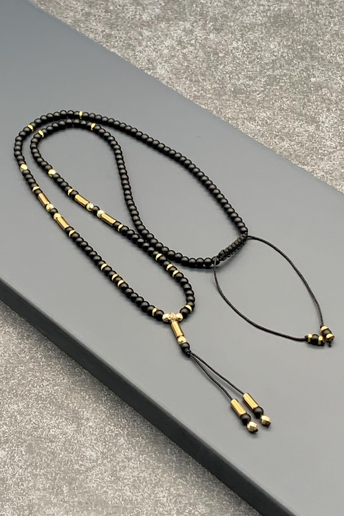 Julenta Onyx ve Hematit Doğal Taşlı Gold Renkli Ayarlanabilir Erkek Kolye FRJ30462-562-G